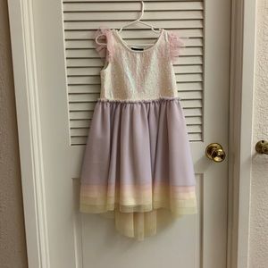 Ava & Yelly girls unicorn colored dress with hi low skirt, size 6.